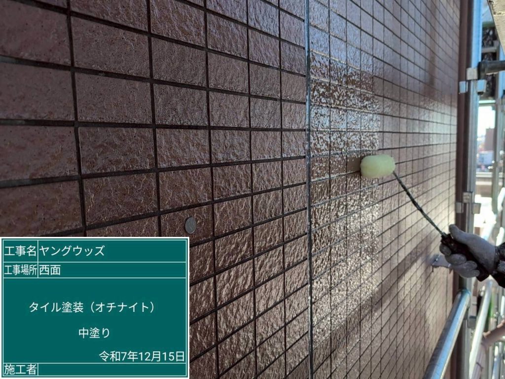 マンション外壁にスーパーオチナイトを塗っている