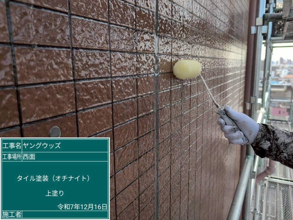 マンションの外壁にスーパーオチナイトを塗布している